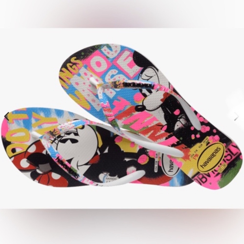 Disney’s Mickey & Minnie mouse Havaianas graffiti neon flip flops size‎ US 9/10